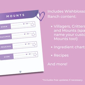 May include: A purple and white document titled "MOUNTS" with fillable fields for names like Khan, Maximus, Pegasus, and Sven. The document includes Wishblossom Ranch content, ingredient charts, recipes, and more.