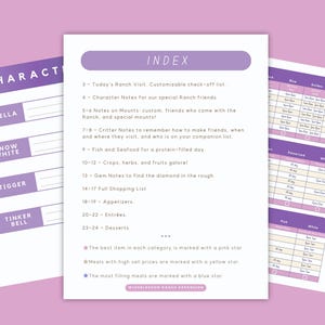 May include: A collection of printable planner pages with a purple and white color scheme. The pages include an index, character notes, and checklists. The text includes "Index", "Character", and "Today's Ranch Visit".