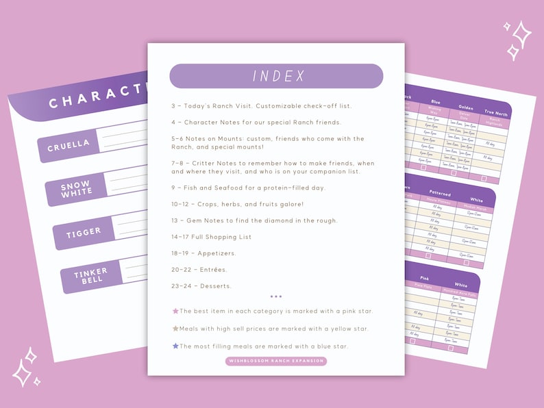 May include: A collection of printable planner pages with a purple and white color scheme. The pages include an index, character notes, and checklists. The text includes "Index", "Character", and "Today's Ranch Visit".