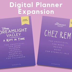 Puede incluir: Dos portadas moradas para planificadores digitales, una para Disney Dreamlight Valley: A Rift in Time, y la otra para Chez Remy: El libro de recetas no oficial hecho por fans para la Isla de la Eternidad.