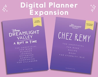 May include: Two purple covers for digital planners, one for Disney Dreamlight Valley: A Rift in Time, and the other for Chez Remy: The Unofficial Fan Made Recipe Book for Eternity Isle.