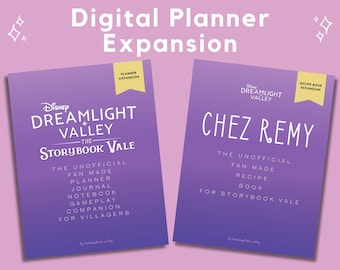 May include: Two digital planner covers for Disney Dreamlight Valley: Storybook Vale. The left cover is purple with white text and a yellow star. The right cover is purple with white text and a yellow star. Both covers have the Disney Dreamlight Valley logo.