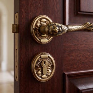 Solid Brass Lion Door Handle Set: Hex Lever, Round Rose