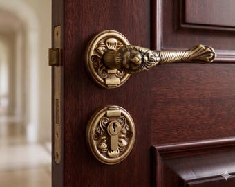 Solid Brass Lion Door Handle Set: Hex Lever, Round Rose
