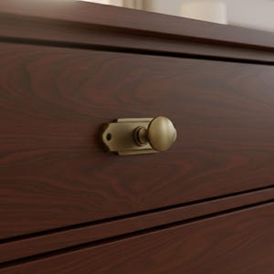 May include: Close-up of a dark brown wooden cabinet with a brass-colored latch. The latch has a rectangular base and a round knob. The wood grain is visible, adding texture to the surface. The cabinet appears to be part of a larger furniture piece.