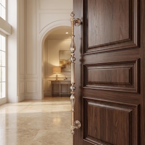 May include: A long, vertical, antique brass door handle with intricate, textured detailing and rounded finials, mounted on a dark brown, paneled wooden door. The handle features a series of decorative, bulbous segments along its length.