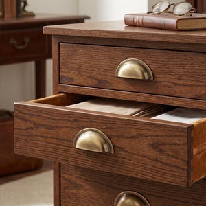 Op de afbeelding: Een donkerbruine houten ladekast met drie horizontale lades voorzien van messingkleurige halvemaanvormige handgrepen. De middelste lade staat op een kier en toont lichte stof aan de binnenkant. Een bruin boek en een bril liggen bovenop.