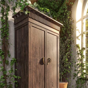 May include: A dark brown wooden cabinet with two doors and brass handles. The cabinet has a decorative top and is surrounded by green vines and plants. The cabinet is in a room with a window.