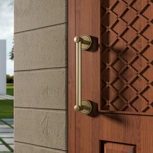 May include: A gold-colored door pull handle mounted on a wooden door. The handle is cylindrical with circular mounting plates at each end. The door has a decorative carved pattern.