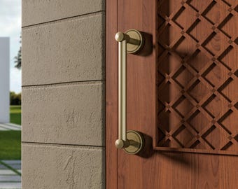 May include: A gold-colored door pull handle mounted on a wooden door. The handle is cylindrical with circular mounting plates at each end. The door has a decorative carved pattern.