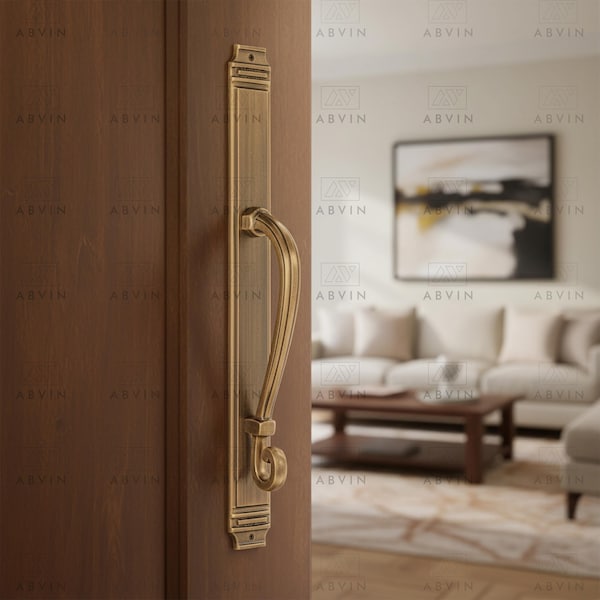 20 inch Antique Plate Solid Brass Door Handle: Ornate Entrance Hardware