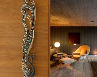 Peacock Door Handle with Green Gems - Antique Style (9.5 inch)