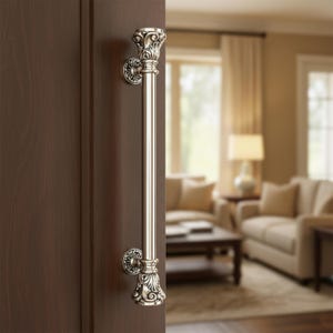 24 inch Rustic Silver Brass Door Handle: Ornate Entrance Hardware