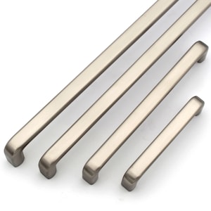 May include: Four brushed nickel cabinet pulls in various sizes. The pulls are rectangular with rounded edges.
