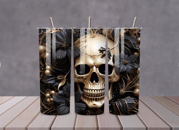 Gothic Skull Tumbler | Black & Gold Floral Stainless Steel Travel Mug
