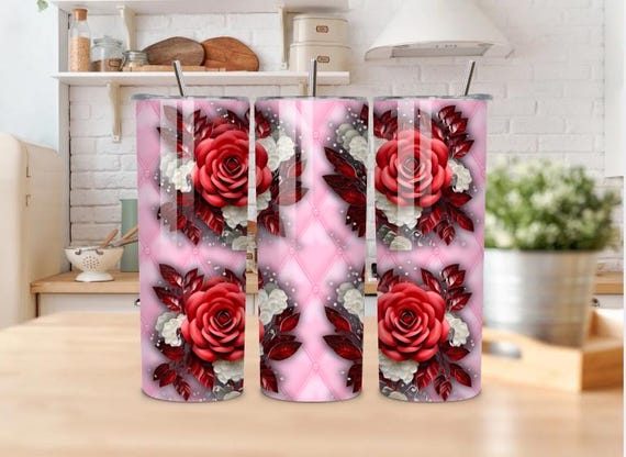 Pink Rose Floral 20oz Tumbler with Straw, Elegant Romantic Flower Design, Stainless Steel Insulated Cup Gift