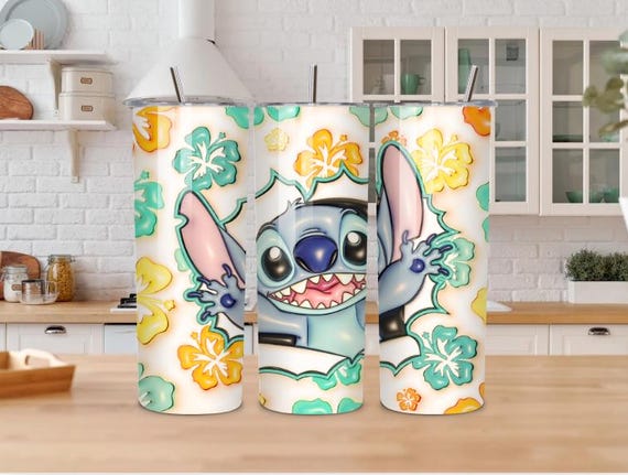 Stitch Floral 20 oz Tumbler, Tropical Stainless Steel Skinny Cup, Cute Blue Alien Tumbler 20oz, Tropical Cartoon Creature Stainless Steel