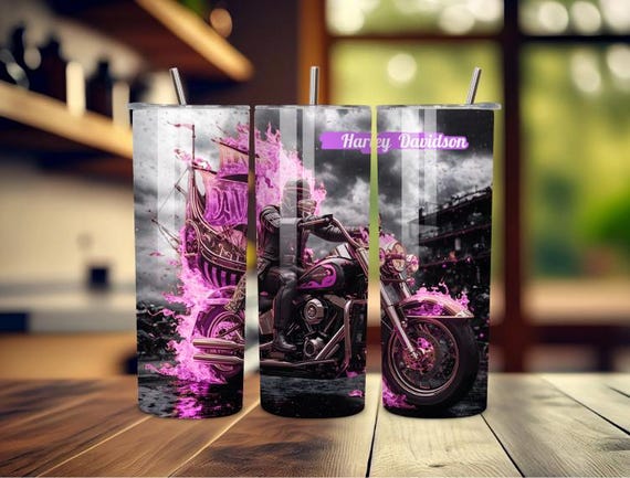 .Custom Harley Davidson Tumbler – Pink Flames Motorcycle Rider – 20oz Stainless Steel Cup for Biker Enthusiasts."