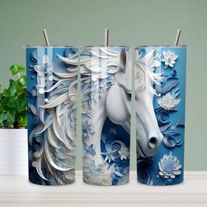 Personalized 3D Horse Tumbler, Embossed Floral Design, 20-Ounce, Blue White Horse Tumbler 20oz, Floral Horse Stainless Steel Tumbler, Horse image 1