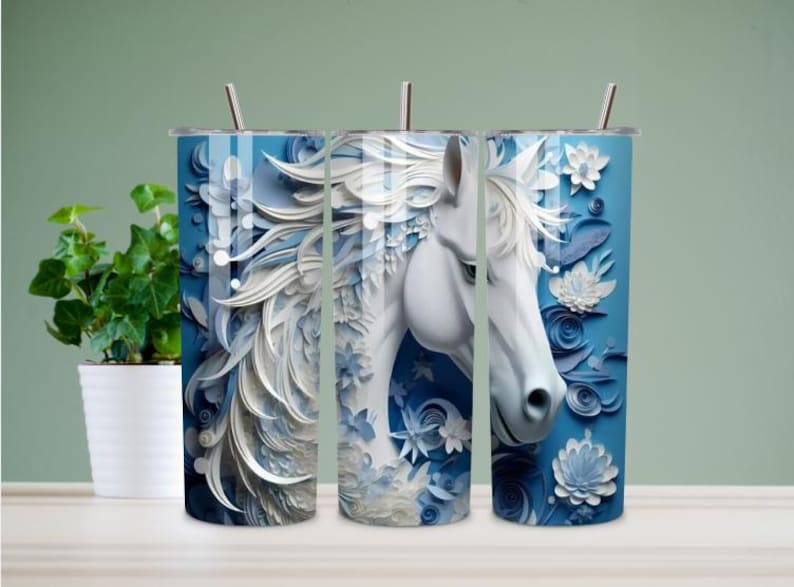 Personalized 3D Horse Tumbler, Embossed Floral Design, 20-Ounce, Blue White Horse Tumbler 20oz, Floral Horse Stainless Steel Tumbler, Horse image 1