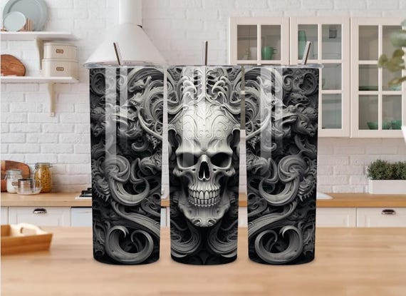 Gothic Skull Tumbler | Dark Art Stainless Steel Cup, Biker Gift