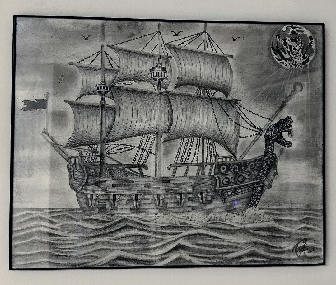 Pirate Ship Drawing Pencil Drawing Signed Original Drawing Ship