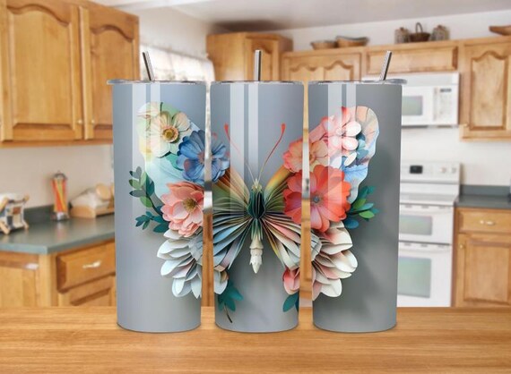 3D Floral Butterfly Tumbler 20 oz | Butterfly Flower Stainless Steel Cup | Personalized Gift for Her | Insulated Skinny Tumbler