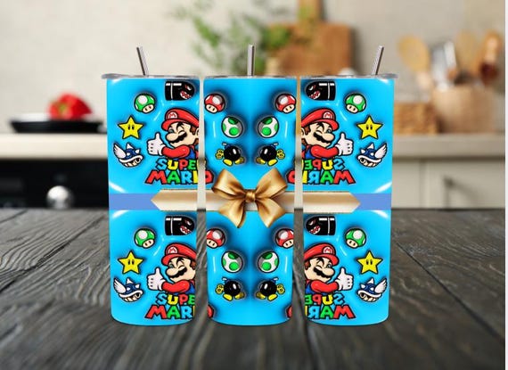 Super Mario Tumbler | 20oz Stainless Steel Gamer Cup, Retro Gamer Tumbler 20oz, Video Game Icons Stainless Steel Tumbler, Kids Gamer Cup