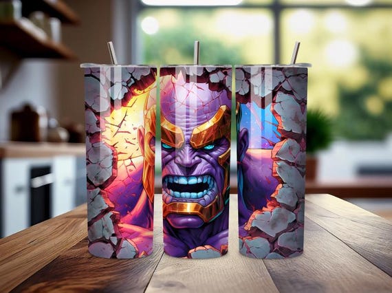 Thanos Inspired 20oz Stainless Steel Tumbler – Marvel Style Villain Comic Art Skinny Travel Mug with Straw