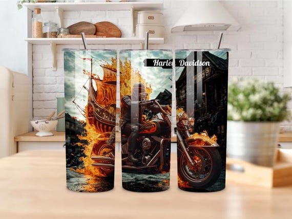 Harley Davidson Tumbler – Fiery Motorcycle Rider Design – Stainless Steel, 20oz, Double-Walled, Gift for Bikers"