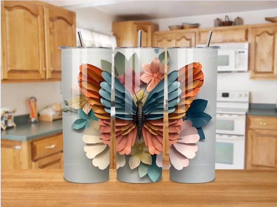 Butterfly Floral Tumbler 20oz, Colorful Butterfly Cup, Stainless Steel Tumbler, Gift for Her, Nature Lover Gift