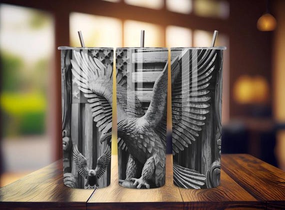 Carved Eagle Patriotic Tumbler – 20oz Stainless Steel Cup with American Flag Design – Perfect Gift for Outdoor Enthusiasts