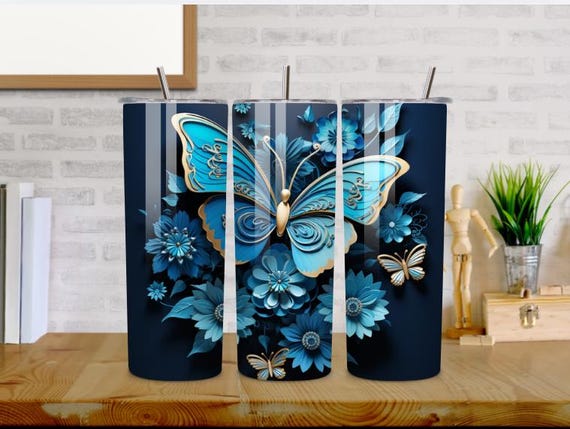 Blue Butterfly Floral 20oz Tumbler, Stainless Steel Skinny Cup