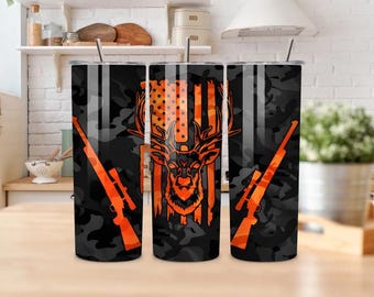 Amerikanischer Hirsch Jagdbecher | Patriotischer Buck, Camo Edelstahl 20 Unzen, Jagd Hirsch Becher 20 Unzen, Orange Camo Edelstahl Becher.