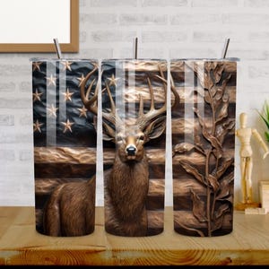Deer American Flag Tumbler | Rustic Hunting Stainless Steel Cup, Rustic American Flag Deer Tumbler 20oz, Buck Hunting Stainless Steel Tumble