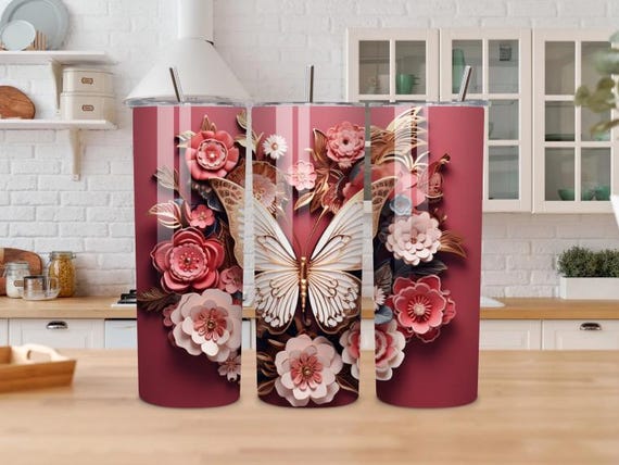 Butterfly Rose 20oz Tumbler, Pink Floral Stainless Steel Cup, Gift for Her
