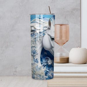 Personalized 3D Horse Tumbler, Embossed Floral Design, 20-Ounce, Blue White Horse Tumbler 20oz, Floral Horse Stainless Steel Tumbler, Horse image 3