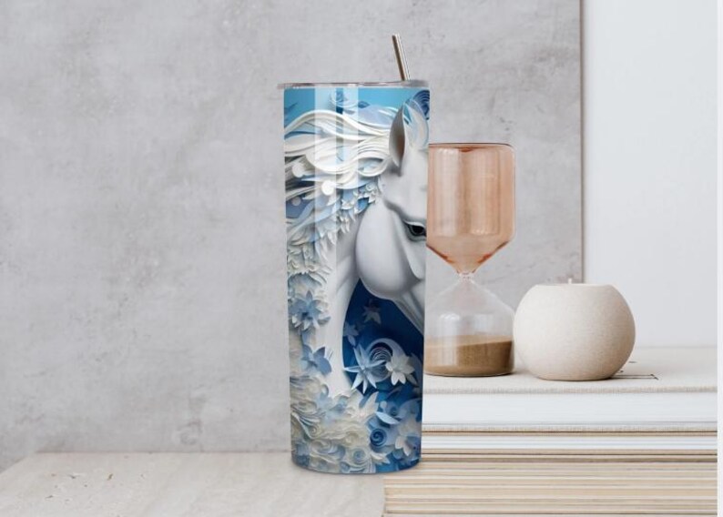 Personalized 3D Horse Tumbler, Embossed Floral Design, 20-Ounce, Blue White Horse Tumbler 20oz, Floral Horse Stainless Steel Tumbler, Horse image 3