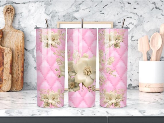 Elegant Pink Floral Tumbler – 20 oz Stainless Steel Cup with Cream Flower Design, Insulated for Hot or Cold Drinks"