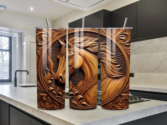 Western Horse Tumbler | Carved Wood Style Stainless Steel Cup