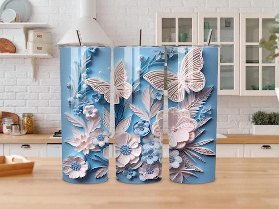 Blue Butterfly Floral Tumbler | 20oz Insulated Stainless Steel Travel Mug
