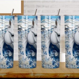 Personalized 3D Horse Tumbler, Embossed Floral Design, 20-Ounce, Blue White Horse Tumbler 20oz, Floral Horse Stainless Steel Tumbler, Horse image 5