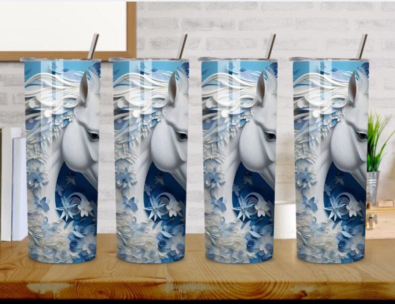 Personalized 3D Horse Tumbler, Embossed Floral Design, 20-Ounce, Blue White Horse Tumbler 20oz, Floral Horse Stainless Steel Tumbler, Horse image 5