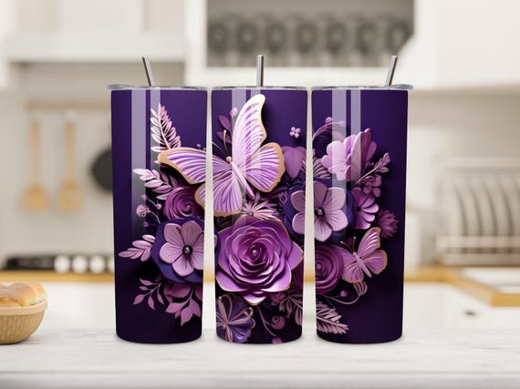 Purple Butterfly Floral Tumbler Cup, 20oz Stainless Steel Insulated Mug with Violet Roses, Elegant Gift for Women