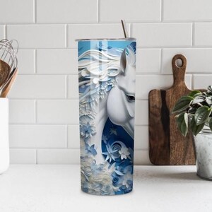 Personalized 3D Horse Tumbler, Embossed Floral Design, 20-Ounce, Blue White Horse Tumbler 20oz, Floral Horse Stainless Steel Tumbler, Horse image 2