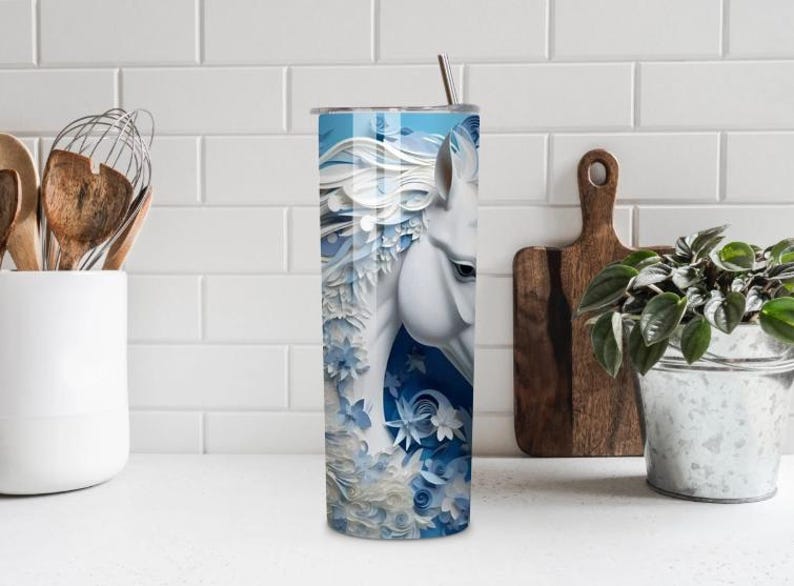 Personalized 3D Horse Tumbler, Embossed Floral Design, 20-Ounce, Blue White Horse Tumbler 20oz, Floral Horse Stainless Steel Tumbler, Horse image 2