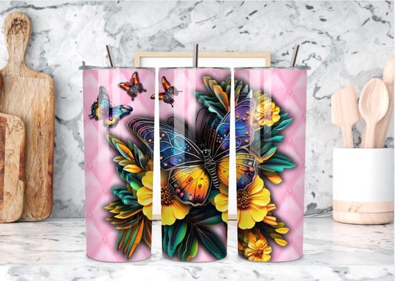 Vibrant Butterfly & Sunflower Tumbler – 20 oz Stainless Cup, Pink Quilted Gift Mug for Hot or Cold Drinks"