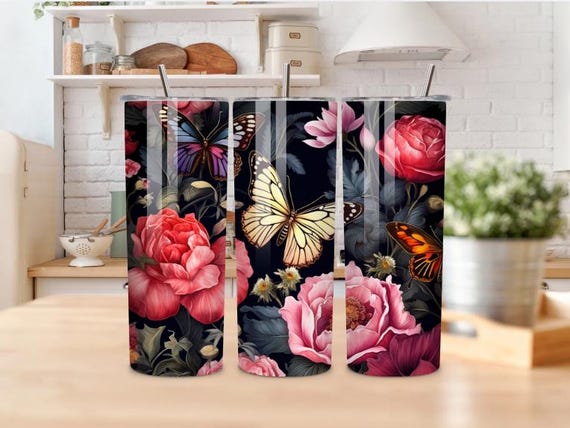 Elegant Butterfly & Floral Tumbler – Dark Botanical Stainless Steel Cup for Hot  Cold Drinks