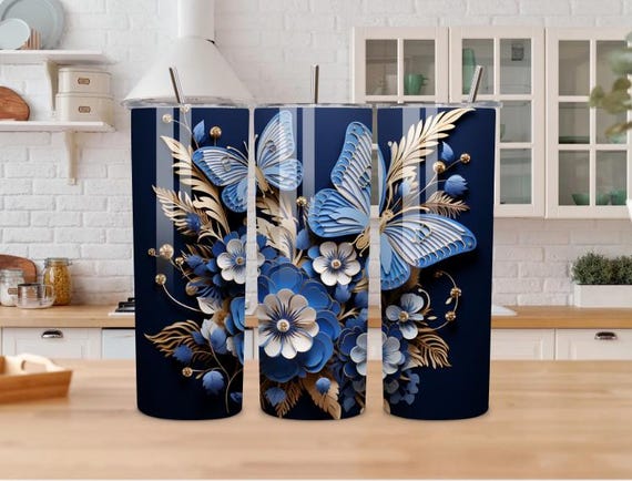 Blue Butterfly Tumbler | Floral Stainless Steel 20oz Cup