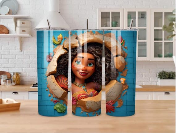 Moana Inspired 20 oz Tumbler, 3D Crack Effect Stainless Steel Skinny Tumbler, Tropical Disney Princess Travel Cup, Gift for Her